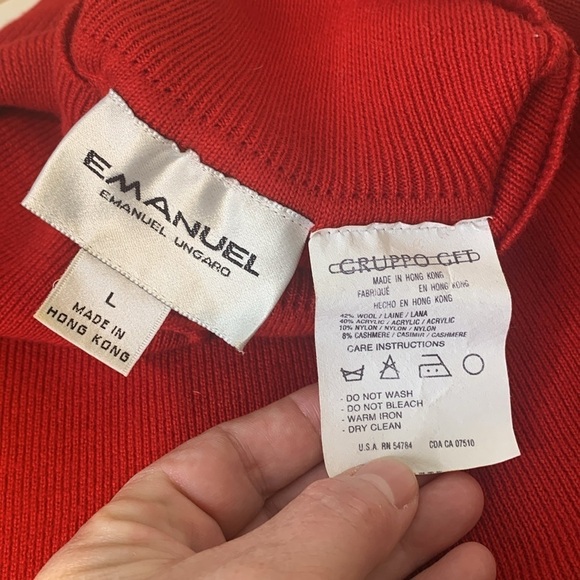 Emanuel Ungaro | Vintage Red Knit Wool Cashmere Blend Turtleneck Sweater Large - Picture 7 of 13